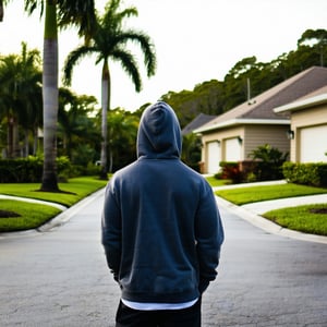 back of person in a hoodie in a nice florida neighborhood