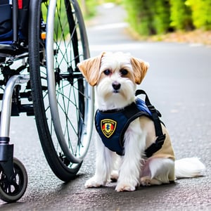 dog with service animal vest next to a wheelchair-3