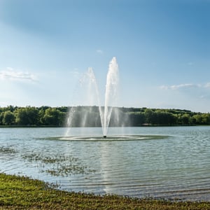 lake with a fountain and with receding shoreline