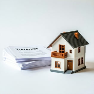 model home with stack of papers next to it the stack of papers is labeled Turnover-1