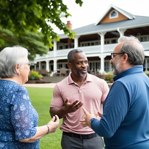 people in their 50s having a conversation in front of a clubhouse-1