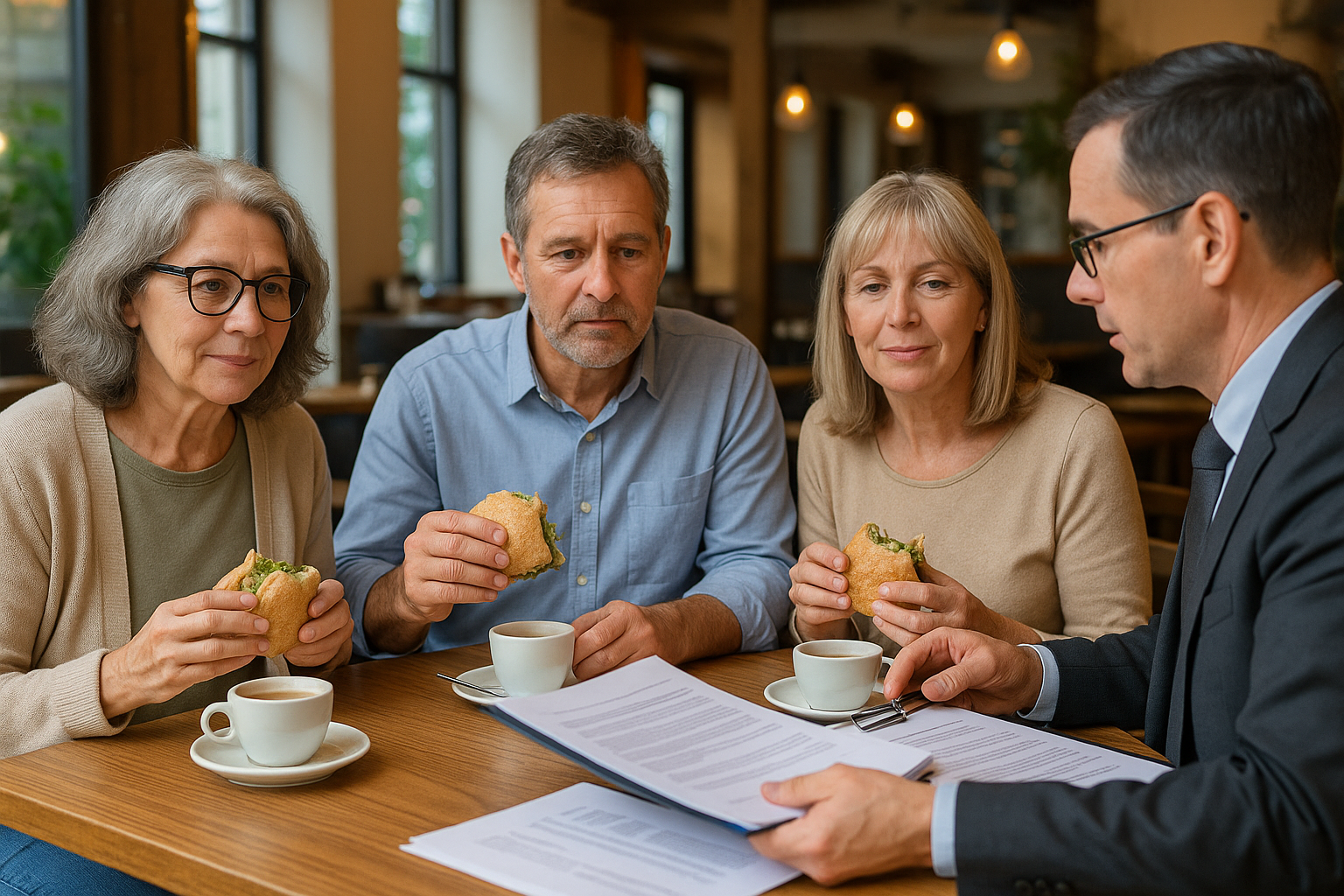 three people in their 50s sitting across a man in a suit with a lot of papers and a clipboard they are sitting at a restaurant table having sandwiches and coffee-1