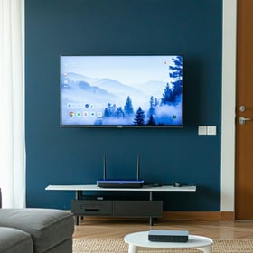 tv on the wall with a router under it in a living room-2