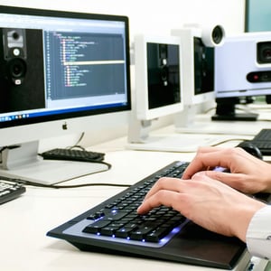typing on a keyboard in an office with security cameras-1