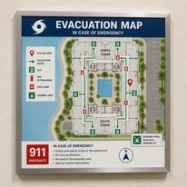 Wall-mounted condo evacuation map showing emergency routes, exit markers, and assembly areas for hurricane preparedness.