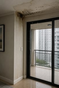 Rainwater leaking through a condo ceiling near a balcony door with visible interior water damage after a storm.