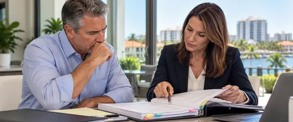 HOA or condo board member reviewing directors and officers insurance policy coverage, exclusions, and conditions with an insurance professional.