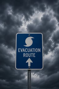 Centered evacuation route sign with a minimal hurricane symbol against a dark stormy sky.
