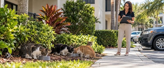 Stray cats gathered near food bowls in a Florida community while a property manager documents the situation.