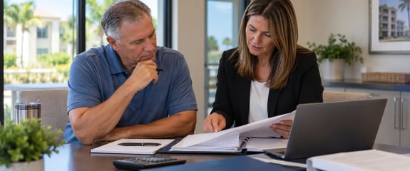 Community association manager and board member reviewing financial controls and records in a condo association office.