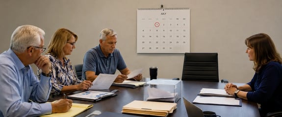 Florida condominium board members reviewing election documents with a July 1 calendar deadline in the meeting room.