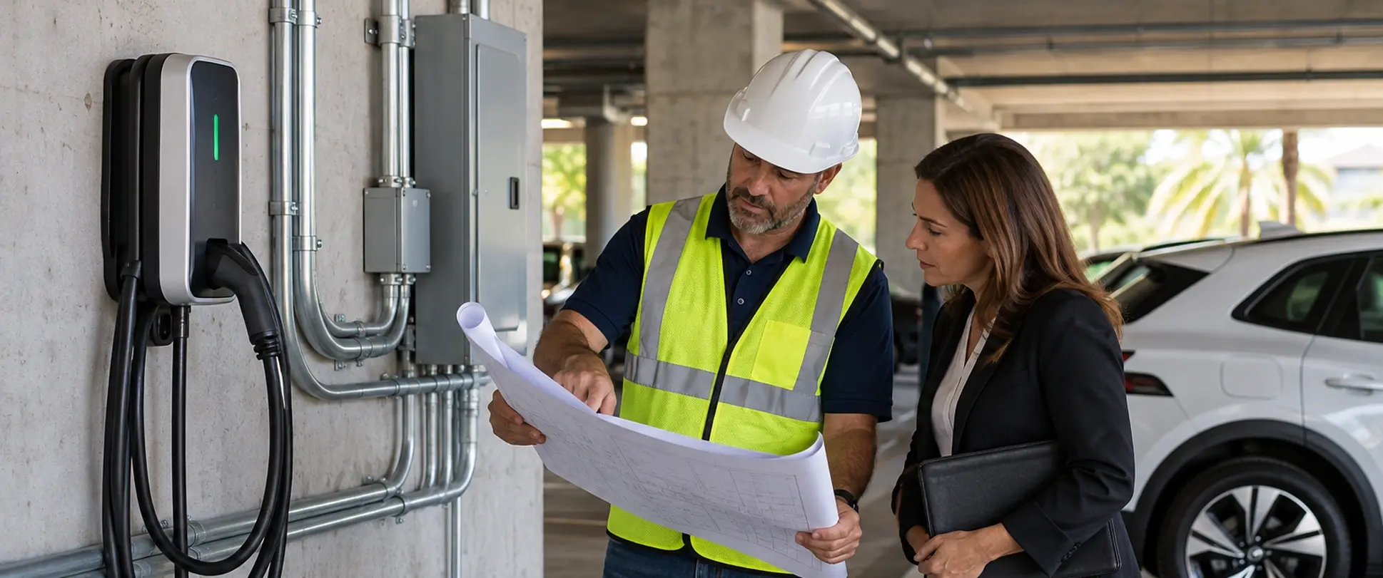 Engineer and condominium representative reviewing plans for an EV charger installation in a Florida condo parking garage.