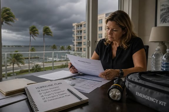 Florida condo manager reviewing hurricane insurance and emergency preparedness documents before an approaching storm.