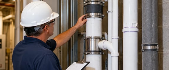 Building engineer inspecting common-element plumbing pipes in a Florida condominium.