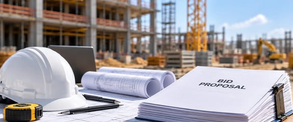 Government construction bid proposal, blueprints, and safety equipment at an active construction site.