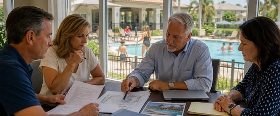 Community association board members reviewing recreational facility rules while families use the community pool in the background.