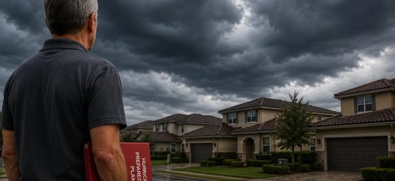 hoa board member standing outside and looking at the sky, while he holds a hurricane preparedness plan ready for the upcoming storm