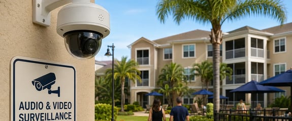 Security camera monitoring a Florida condominium community common area with residents walking nearby.