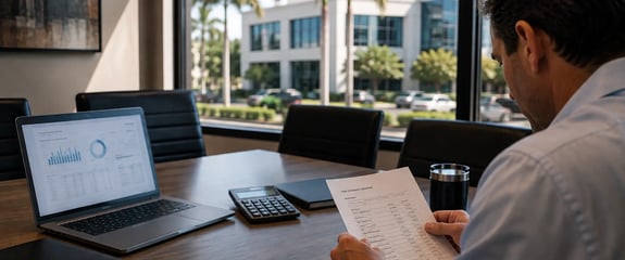 South Florida property owner reviewing refinancing documents, loan terms, and commercial property information at a conference table.