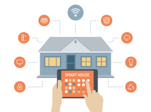 Flat design style modern vector illustration concept of smart house technology system with centralized control of lighting, heating, ventilation and air conditioning, security locks and video surveillance, energy savings and efficiency. Isolated on white background.